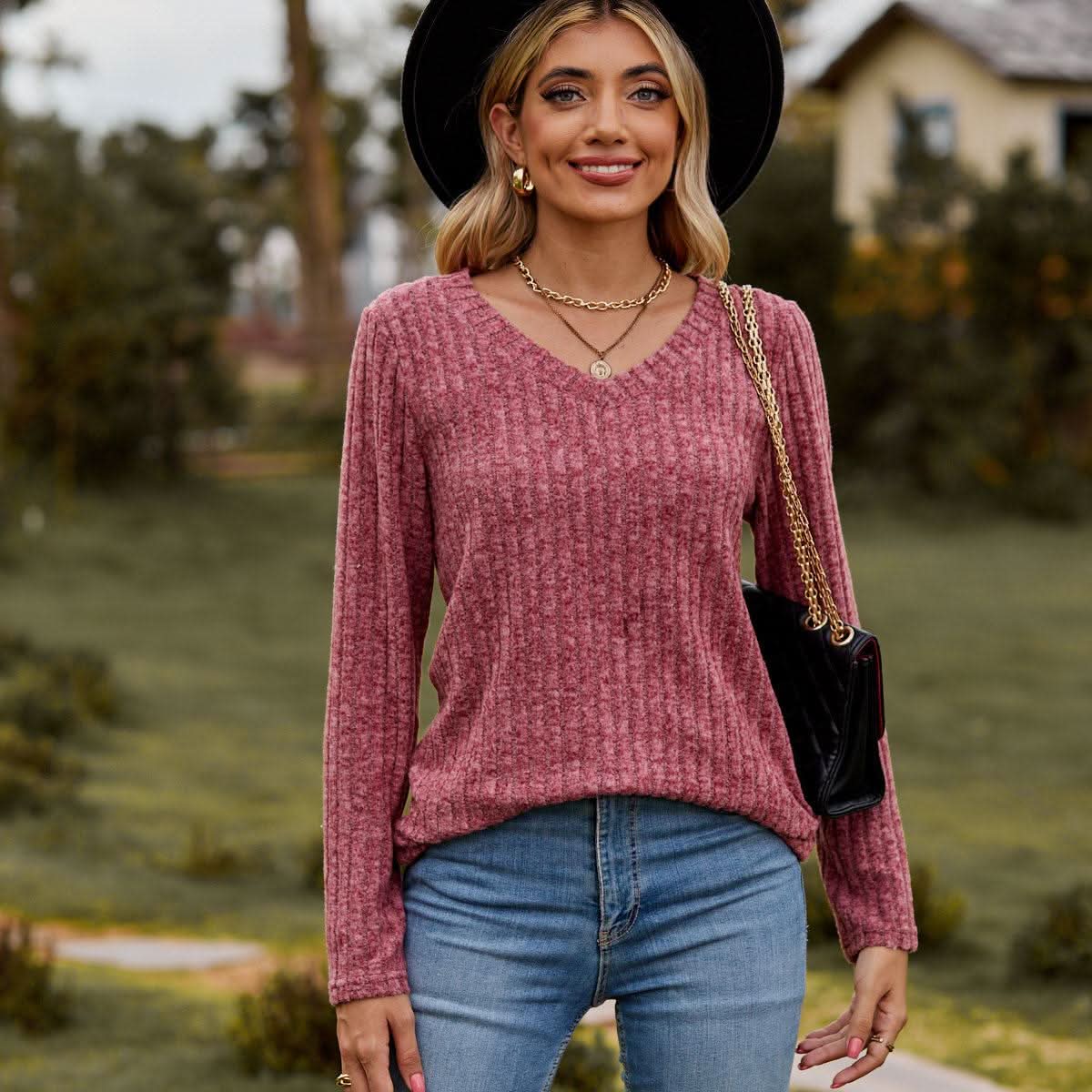 Ribbed V-Neck Knit