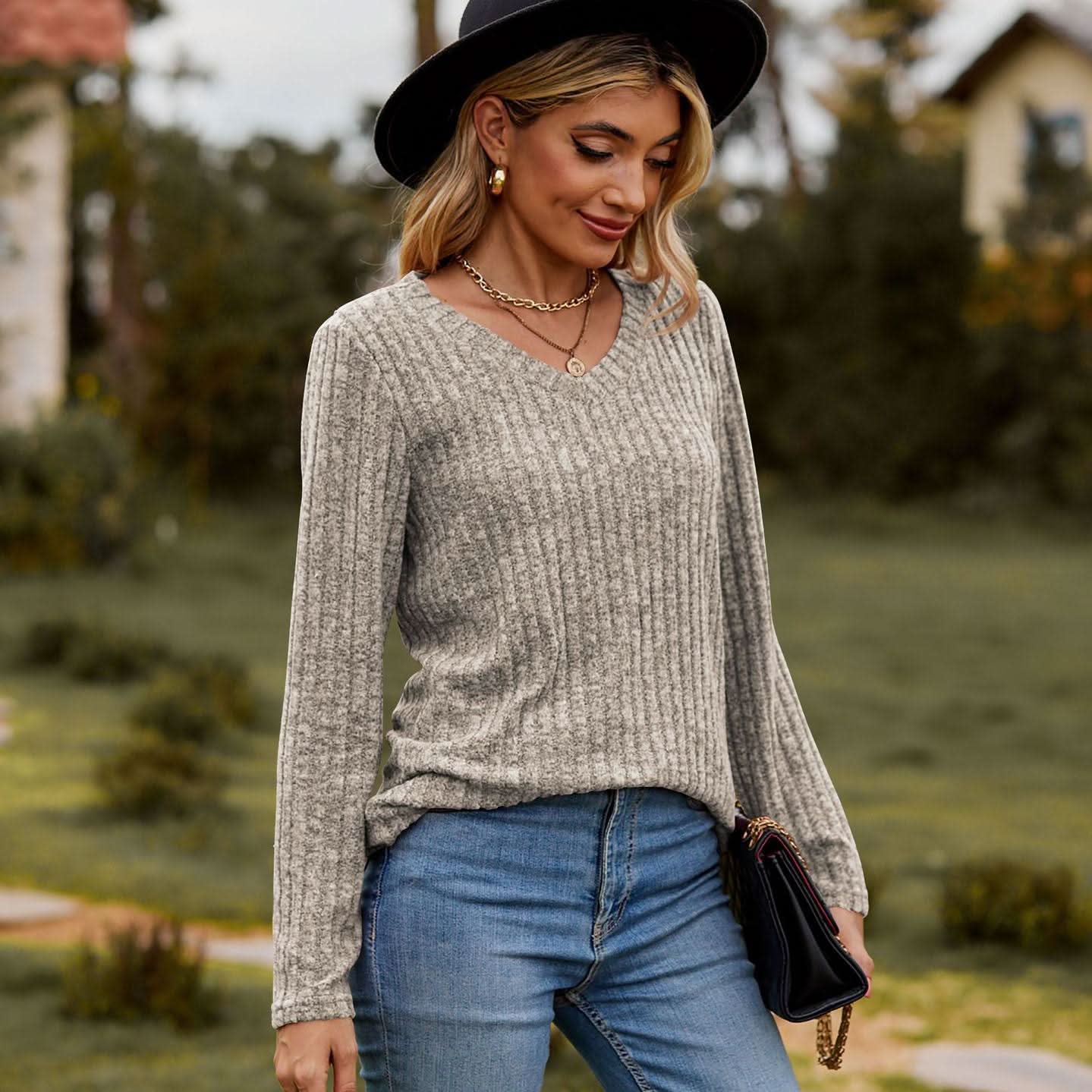 Ribbed V-Neck Knit